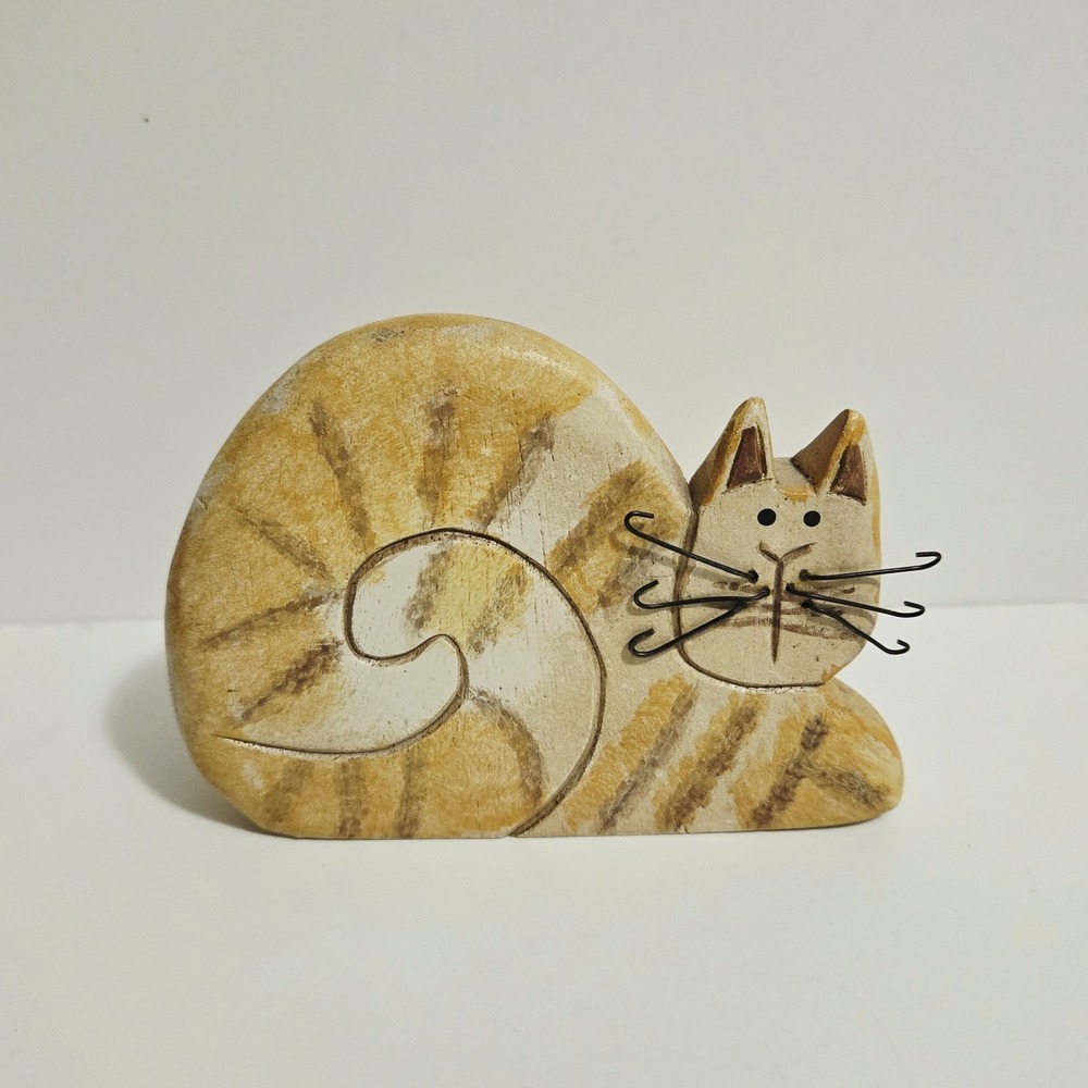 Tender Heart Treasures Carved Painted Orange Tabby Wood Cat W/ Metal Whiskers
